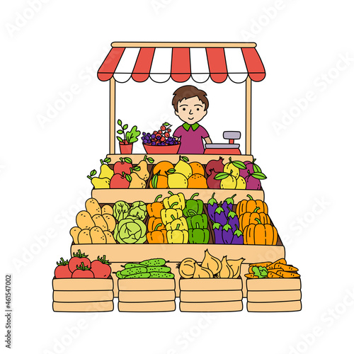 Stall counters. Street farmer's market booth with a selection of fruits and vegetables. Open local fair. Vector illustration.