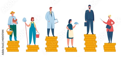 Salary difference, wage gap between rich and poor. People with different incomes, professional income comparison, unequal pay vector concept. Unfair profit for farmer, waitress, teacher and doctor