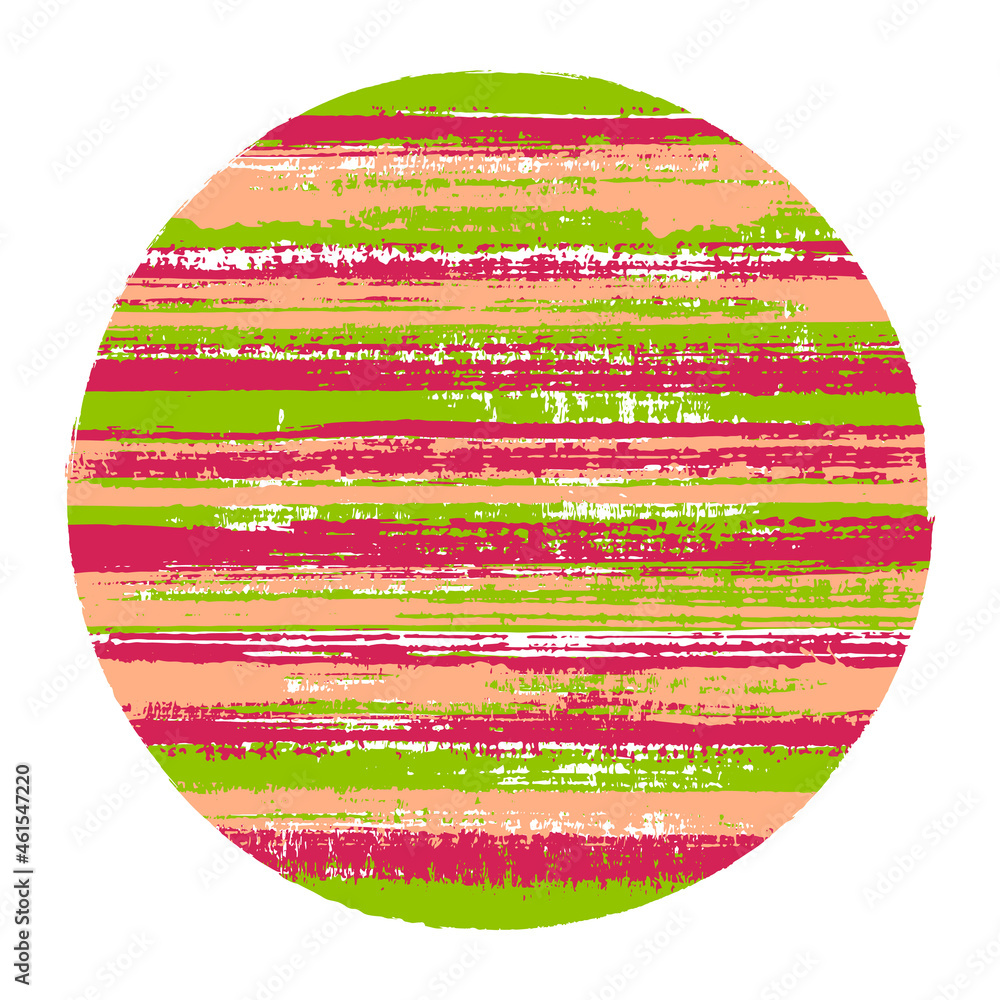 Abrupt circle vector geometric shape with striped texture of paint horizontal lines. Old paint texture disc. Badge round shape logotype circle with grunge background of stripes.