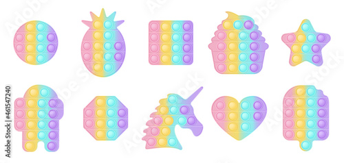 Set of 10 forms pop it a fashionable silicon toys for fidgets. Addictive anti-stress toy in pastel colors. Bubble sensory developing popit for kids. Vector illustration isolated on a white background.