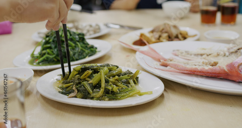 Chaozhou style steamed fish, fried vegetable and meat