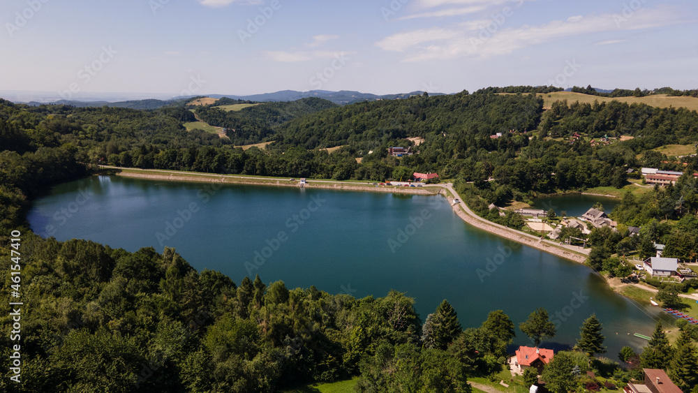 Aerial view of Vindsachtske lake in the village of Stiavnicke Bane in Slovakia