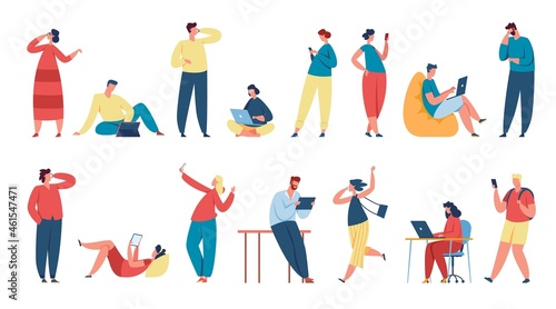People using gadgets, characters holding smartphones or tablets. Students studying with laptop, talking on phone or texting vector set. Man and woman communicating and chatting via device