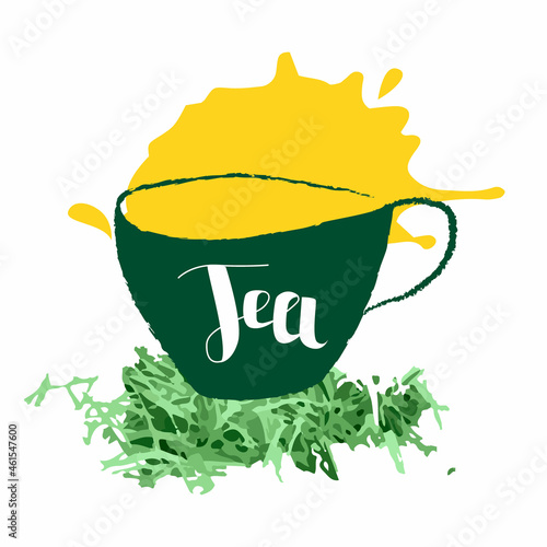 Vector abstract illustration with a simple cup of tea, lettering on a background of green grass and splashes. Concept tea, break, afternoon. It can be used for label design, web design, banners, etc.