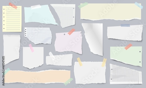 Paper scraps on sticky tape, page pieces with torn edges. Realistic ripped newspaper, ragged notebook sheet, ripped papers strips vector set. Squared and lined fragments for notes and memos