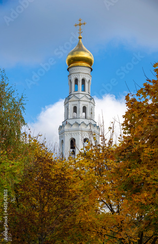 View of the bell tower of the Trinity Church close-up. The temple complex in Zavidovo. Tver region, Russia