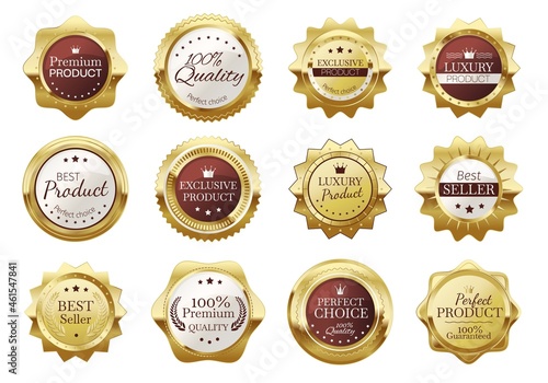 Golden badges, premium quality emblems, luxury seal labels. Realistic gold medal badge, vintage elegant product stamp labels Vector set. Exclusive product, best seller icons for store