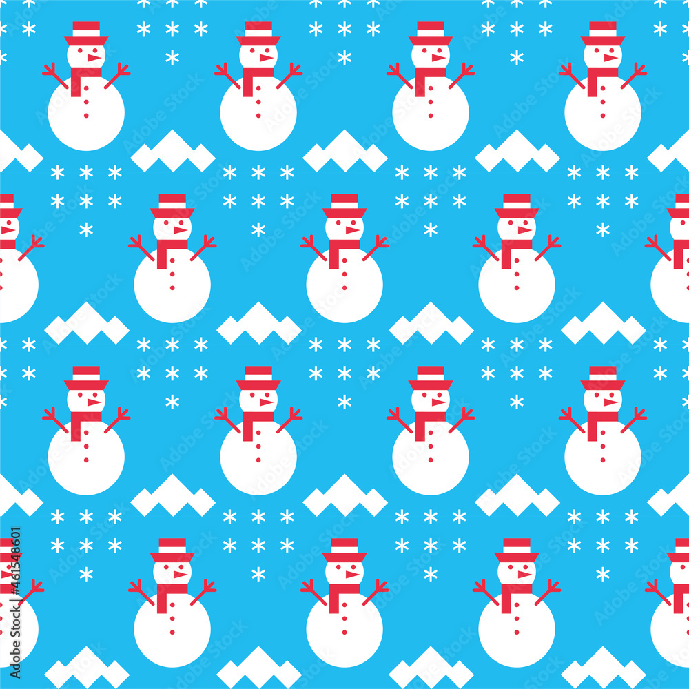 Christmas simple background with snowman simbols and snowflakes. Seamless pattern for paper, wrap, wallpaper, textile, fabric