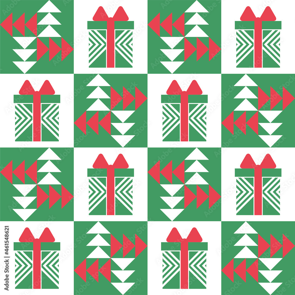 Christmas abstract background with christmas tree simbol and gifts. Seamless pattern for wrapping paper, gift packaging, wallpaper, textile
