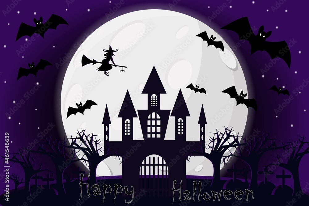 Happy Halloween card with castle, witch and bats in the moonlight night, vector illustration