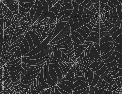 Halloween spider web background, scary cobweb decoration elements. Spooky spider webs silhouette, horror theme party vector backdrop. Sticky hanging net for gothic fearful holiday event photo