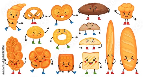 Cute cartoon bread characters with happy faces. Funny croissant, muffin, baguette, pretzel and toast. Bakery mascot character vector set. Fresh snack for morning breakfast with cheerful expression