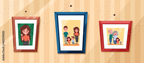Family photos with Parents and kids portrait in frames. Memory pictures with grandparents, children and pets. Vector cartoon illustration