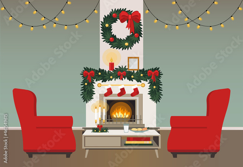 Christmas interior. Bright room with fireplace, decorated with a Christmas wreath, light garlands, pine garland. Coffee table with milk and cookies for Santa Claus. Vector illustration in flat style
