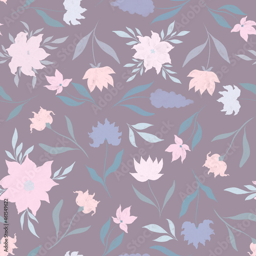 Delicate pink and purple flowers. Seamless digital pattern. Stylized plants. I