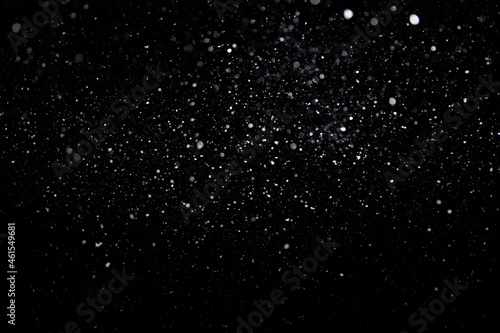 Valokuvatapetti Real falling medium sized snowflakes out of focus on black background for overla