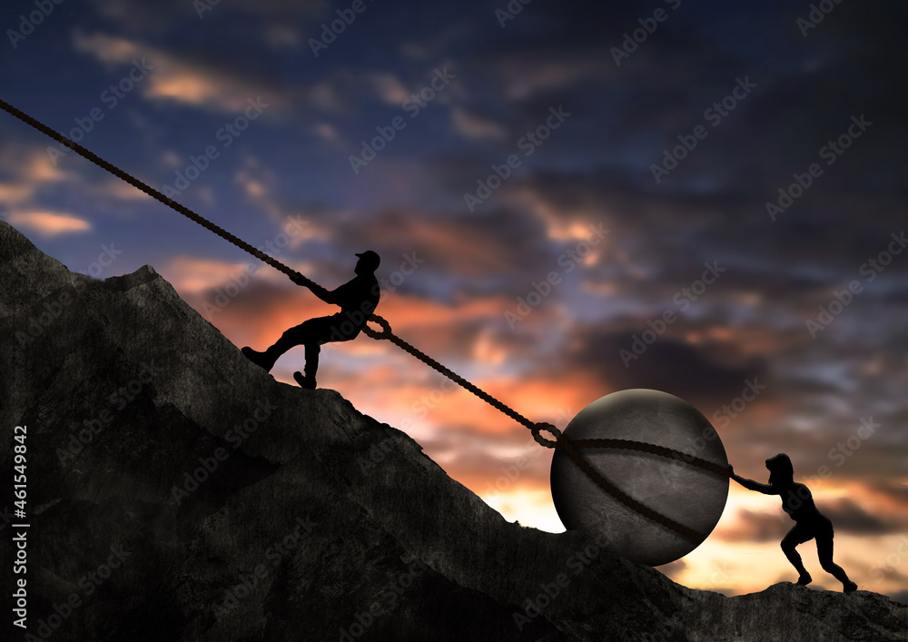 Man and Woman Pulling and Pushing Uphill A Big Rock Together With a Metal  Chain against sunset background. Push and Pull Up hill . Teamwork, Couple  and Sisyphus Concept Stock Photo