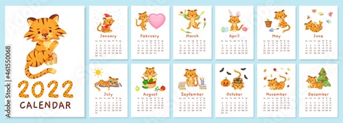 Cute tigers 2022 calendar, chinese new year tiger symbol. Cartoon happy baby animal characters in different months planner Vector template. Adorable feline cubs seasonal printable pages