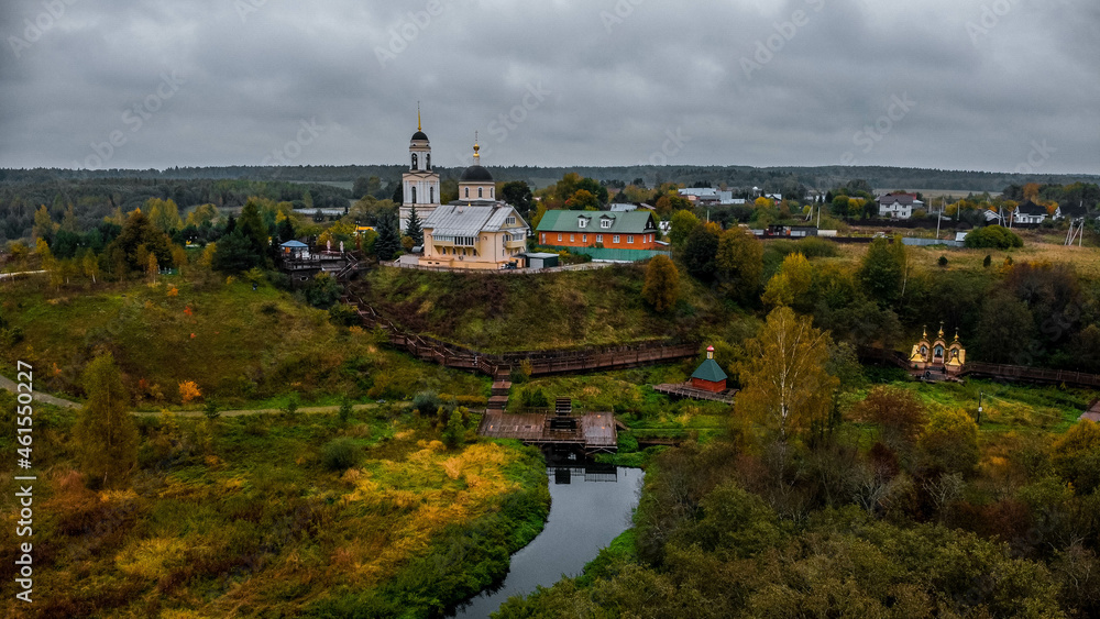 Sergiev Posad, Russia - 25 September 2021: The Church of the Transfiguration of the Lord in the village of Radonezh from a bird's eye view Sergiev Posad, Russia - 25 September 2021: The Church of the Transfiguration of the Lord in the village of Radonezh from a bird's eye view