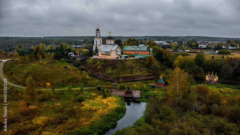 Sergiev Posad, Russia - 25 September 2021: The Church of the Transfiguration of the Lord in the village of Radonezh from a bird's eye view Sergiev Posad, Russia - 25 September 2021: The Church of the Transfiguration of the Lord in the village of Radonezh from a bird's eye view