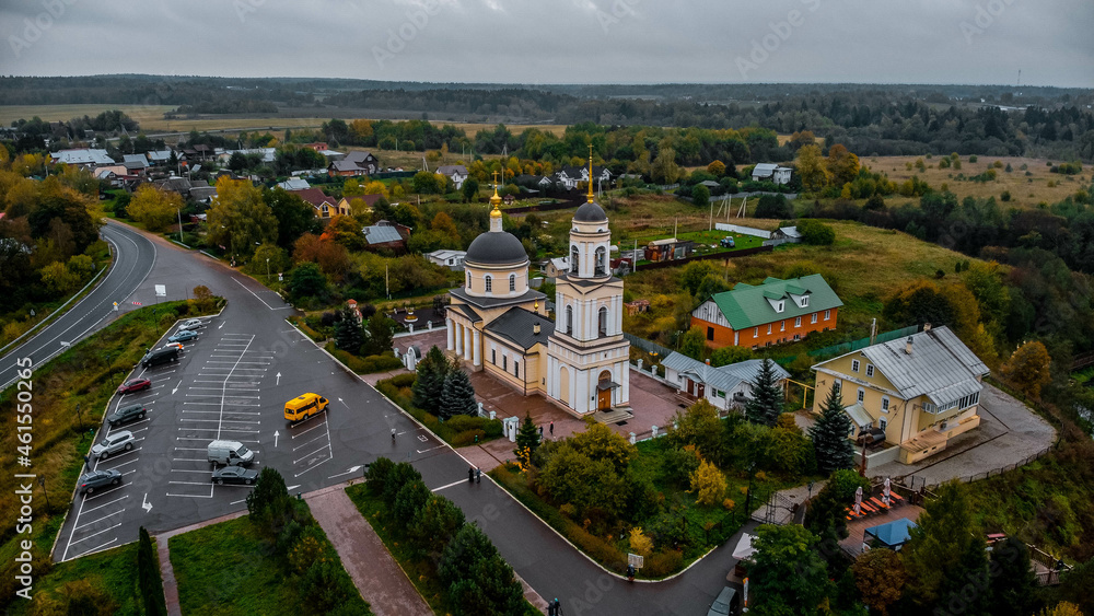 Sergiev Posad, Russia - 25 September 2021: The Church of the Transfiguration of the Lord in the village of Radonezh from a bird's eye view