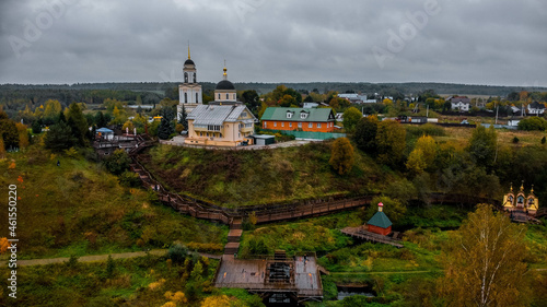 Sergiev Posad  Russia - 25 September 2021  The Church of the Transfiguration of the Lord in the village of Radonezh from a bird s eye view