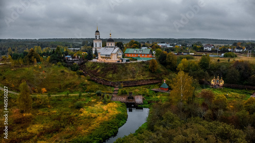 Sergiev Posad, Russia - 25 September 2021: The Church of the Transfiguration of the Lord in the village of Radonezh from a bird's eye view