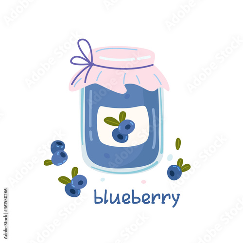 Jar of blueberry jam. Blueberry. Sweet goods collection design elements. Homemade candy making, marmalade, confiture preserve in cartoon style.