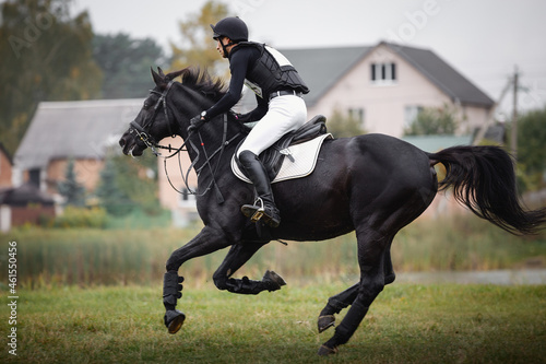 portrait of rider man and black stallion horse galloping during eventing cross country competition in autumn