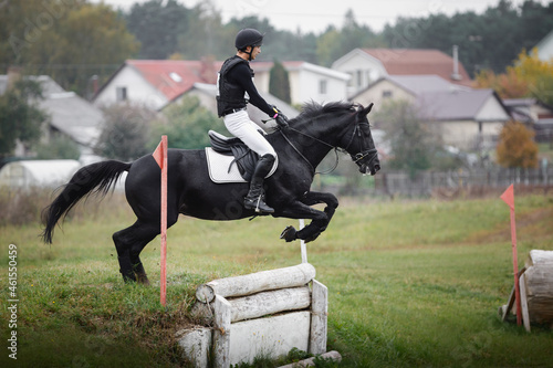 close portrait of handsome rider man jumping drop fence obstacle on black stallion horse during eventing cross country competition in autumn