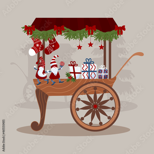 Decorated carts, fair stall counters. Christmas markets fairs. Bright little Christmas gnomes in caps, stars, lollipop, gift. Vector illustration for stickers, posters, postcards, design elements.