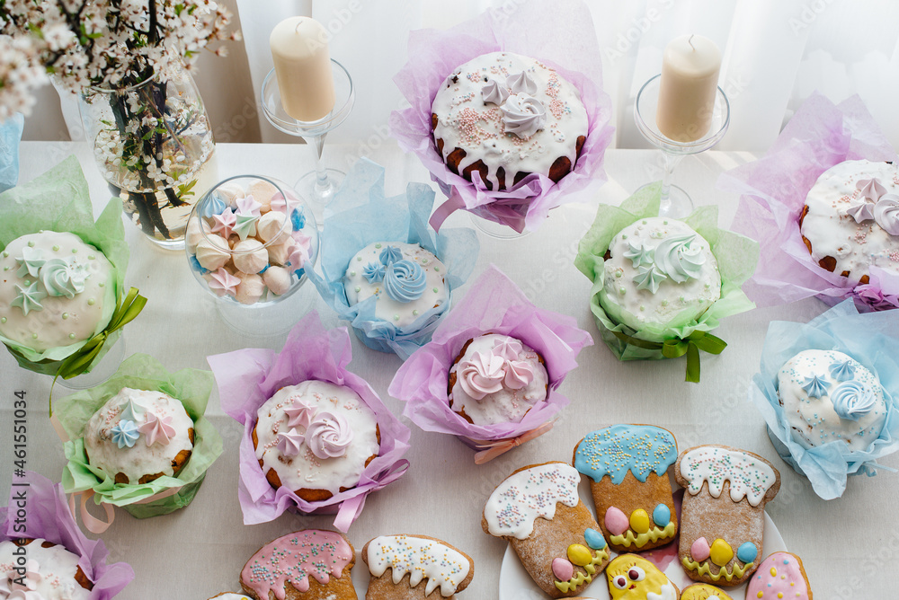 Beautiful Easter cakes on a decorated light table. A light holiday of Easter. Beautiful Easter cakes on a decorated light table. A light holiday of Easter.