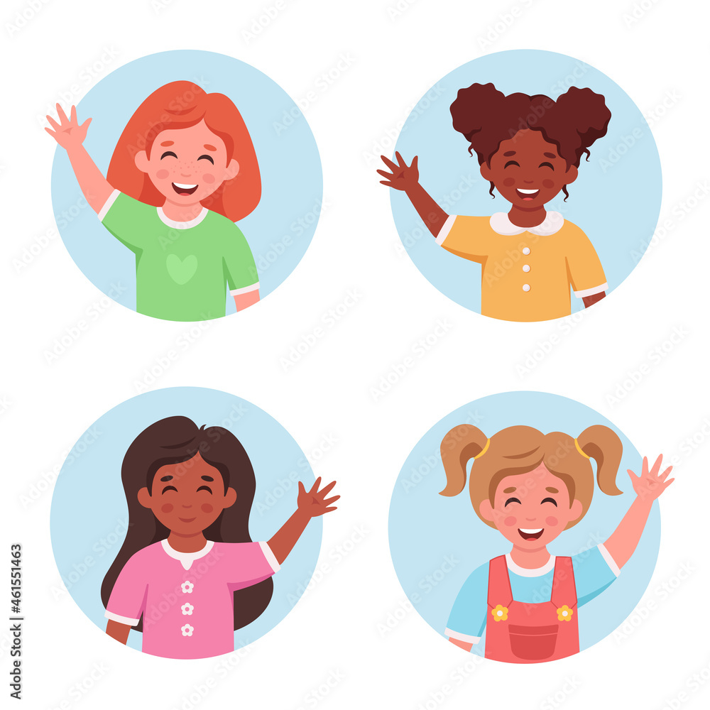 Set of little girls portraits in circular shape. Kids smiling and waving hand. Different nationalities children. Vector illustration Set of little girls portraits in circular shape. Kids smiling and waving hand. Different nationalities children. Vector illustration