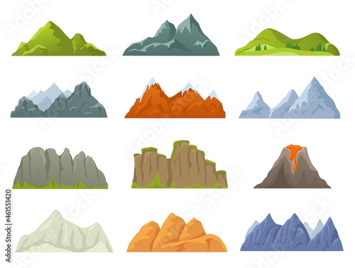 Cartoon rocky mountain top, snowy peak, stone cliff. Mountains ridges in various shapes, volcano, canyon, nature landscape element vector set. Hiking or climbing concept, having extreme expedition