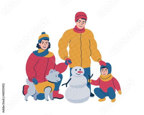 Family time together outside during winter. Isolated vector illustration.