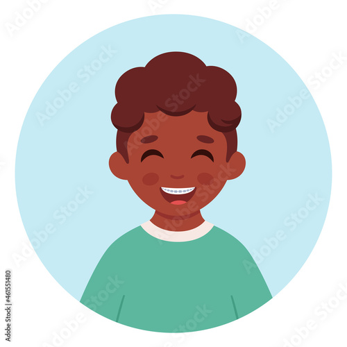 Black boy with braces on teeth. Dental care. Vector illustration