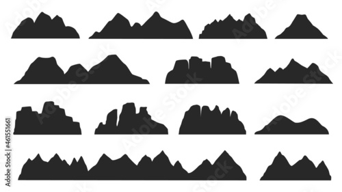 Black mountain ridge landscape silhouette, rocky terrain elements. Mountains peaks, hills, icebergs outdoor landscape silhouettes vector set. Nature cliffs and volcano shape for logo