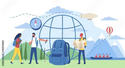 Eco tourism concept. Men and women travel on environmentally friendly transport. Hiking in mountains or in forest. Characters on vacation. Cartoon flat vector illustration isolated on white background