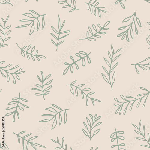 Leaf outlines seamless repeat pattern on beige background. Sage green, random placed, botany branches all over surface print.