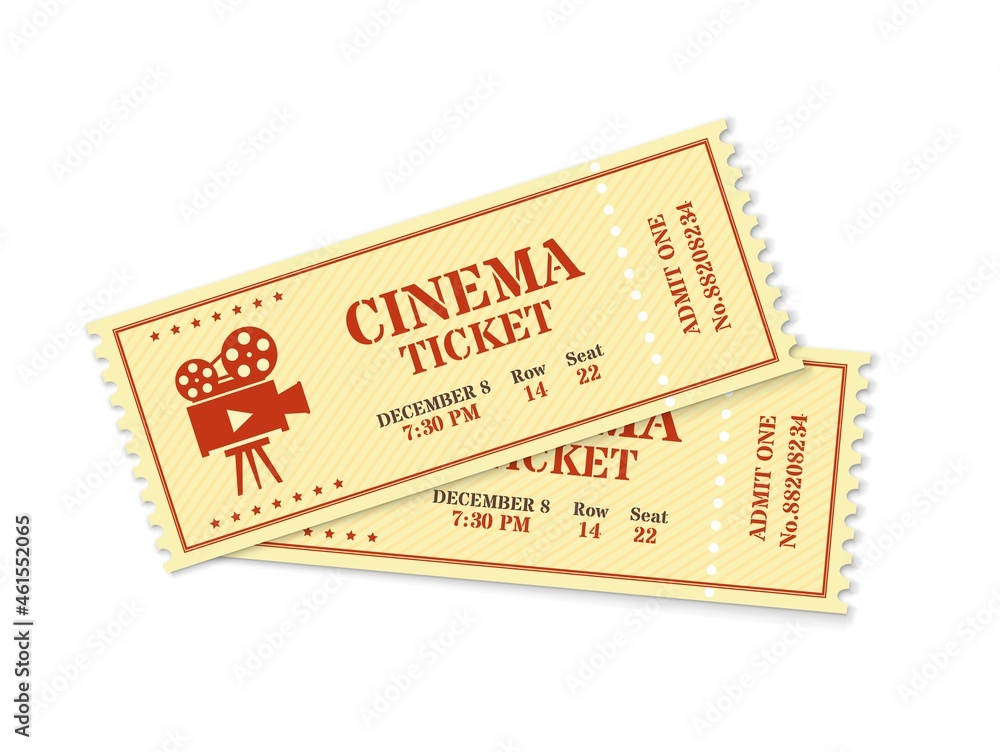 Two cinema tickets, realistic movie ticket mockup. Old vintage movies show entrance pass, film festival admission coupon vector template. Permission to enter to watch movie isolated Two cinema tickets, realistic movie ticket mockup. Old vintage movies show entrance pass, film festival admission coupon vector template. Permission to enter to watch movie isolated