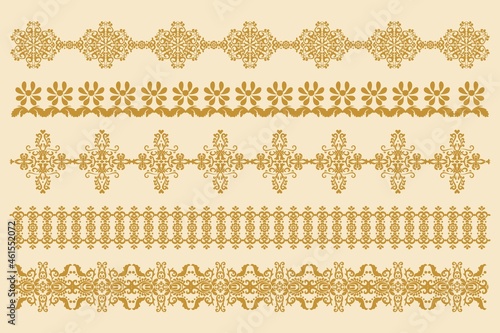 Set of horizontal ornaments in old style. Damask border patterns for decoration. Vector design element. Computer graphics.