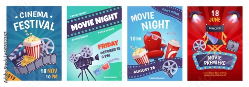 Cartoon cinema poster template, film festival invitation. Movie night event posters with popcorn, soda, camera, movie premiere flyer vector set. Cinematography equipment for industry photo