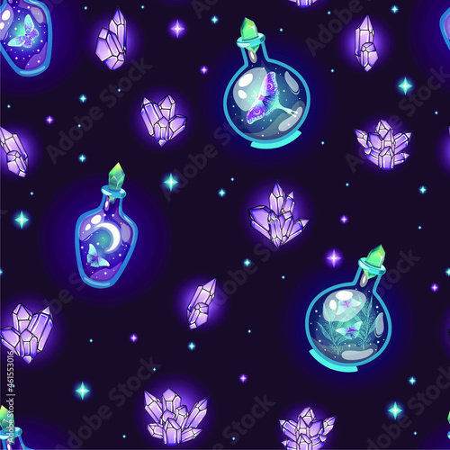 Purple seamless pattern with different magic objects. Repetitive background with herbs, constellations, bottles and amethysts.
