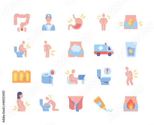 Colorful collection of medical icons. Various stickers with vomiting, abdominal pain, medications for constipation and diarrhea, hemorrhoids. Cartoon flat vector set isolated on white background