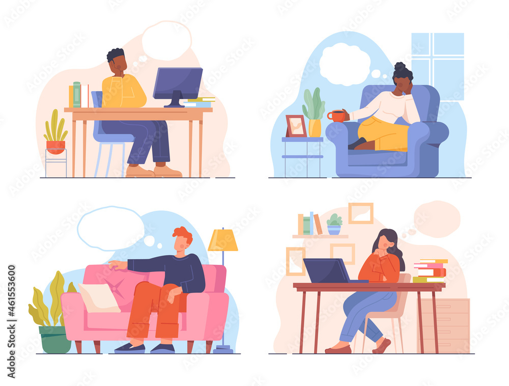 Thoughtful People Smiling. Men and women sit on couch or at desk and dream. Relaxation in office or at home. Thoughts about the future. Cartoon flat vector collection isolated on white background