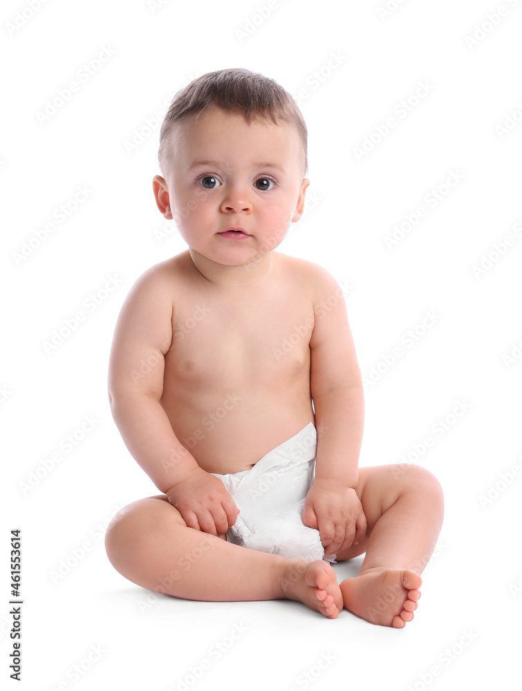 Cute baby in dry soft diaper sitting isolated on white Cute baby in dry soft diaper sitting isolated on white
