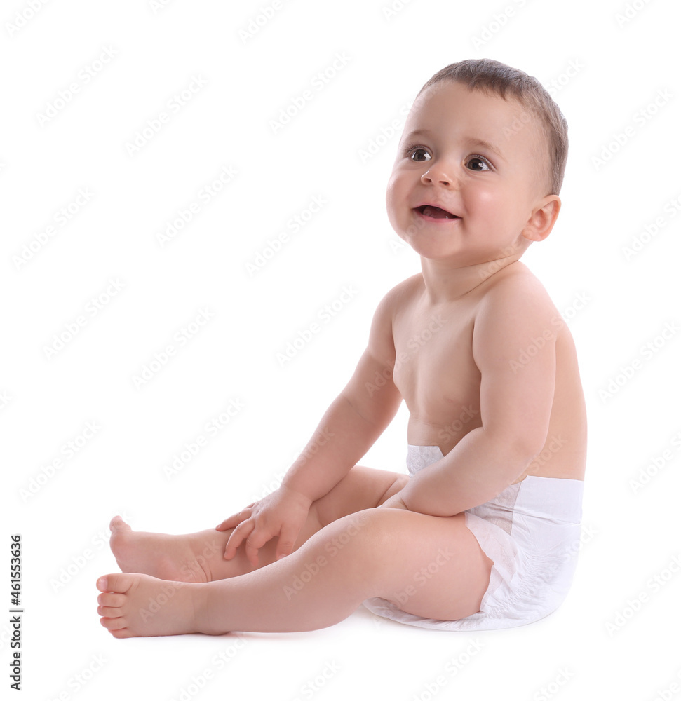 Cute baby in dry soft diaper sitting isolated on white Cute baby in dry soft diaper sitting isolated on white