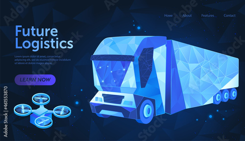 Future logistics, transport. Landing page with modern truck and quadrocopter for delivering order in polygonal style. Template for website. Cartoon flat vector illustration isolated on blue background