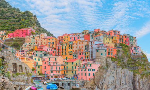 Beautiful colorful cityscape on the mountains over Mediterranean sea - Cinque Terre, Italy