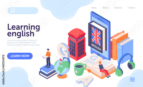 Students Learning English Language. Landing page for educational course. People read books on foreign language. Lessons in spoken English. Isometric vector illustration isolated on white background